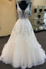 Unique Long A-line Tulle V Neck Beaded Lace Wedding Dress-showprettydress