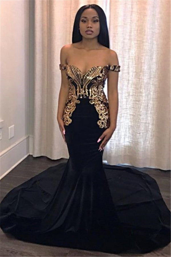 Unique Off-the-Shoulder Appliques Mermaid Sweep Train Prom Dresses-showprettydress