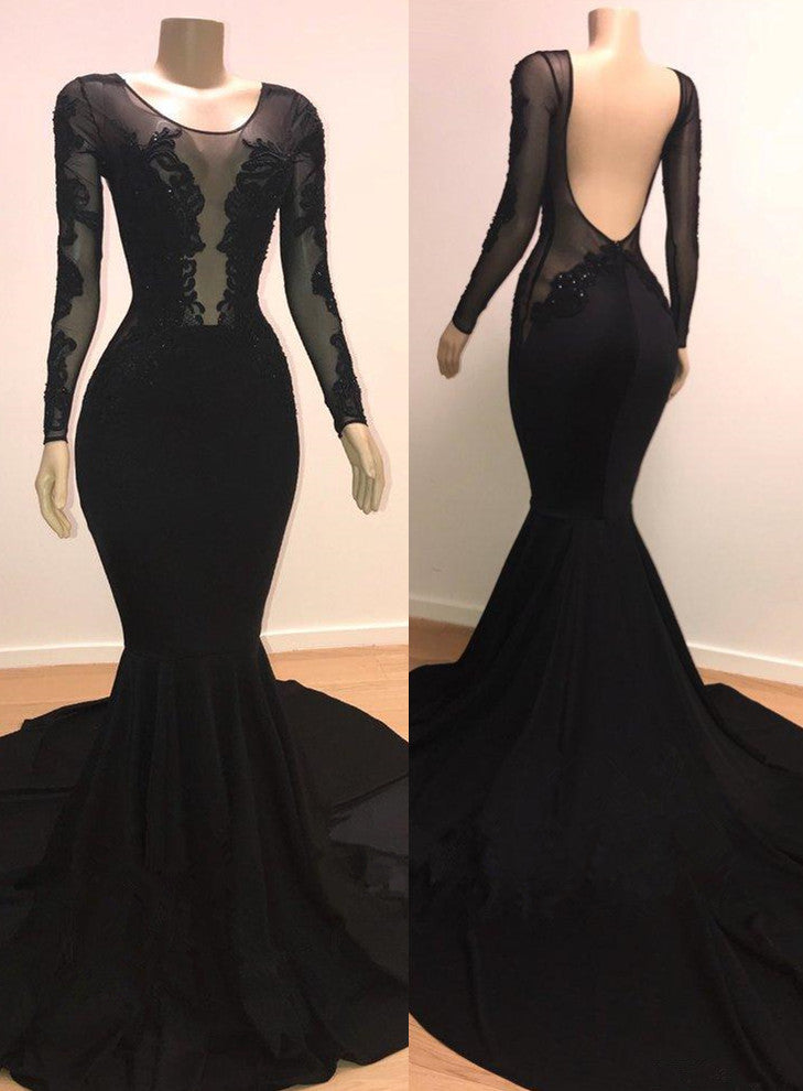 Unique Scoop Long Sleevess Backless Appliques Tulle Mermaid Prom Dresses-showprettydress