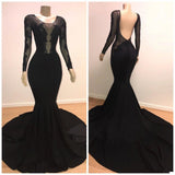 Unique Scoop Long Sleevess Backless Appliques Tulle Mermaid Prom Dresses-showprettydress