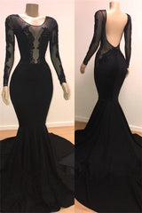 Unique Scoop Long Sleevess Backless Appliques Tulle Mermaid Prom Dresses-showprettydress