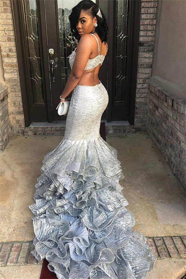 Unique Spaghetti Straps Sleeveless V-Neck Mermaid Prom Party Gowns-showprettydress