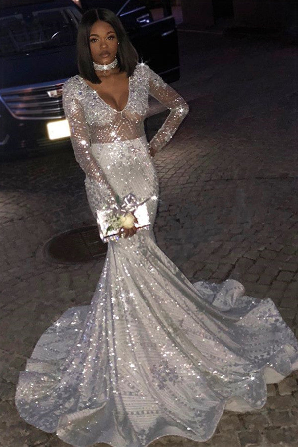 Unique V-Neck Long Sleevess Sequins Mermaid Floor-Length Prom Dresses-showprettydress