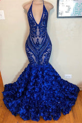 V-neck Halter Sequins Pattern Floral Sweep Train Prom Dresses-showprettydress