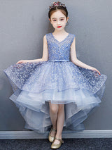 V-Neck Lace Sleeveless Asymmetrical Princess Bows Kids Party Dresses-showprettydress