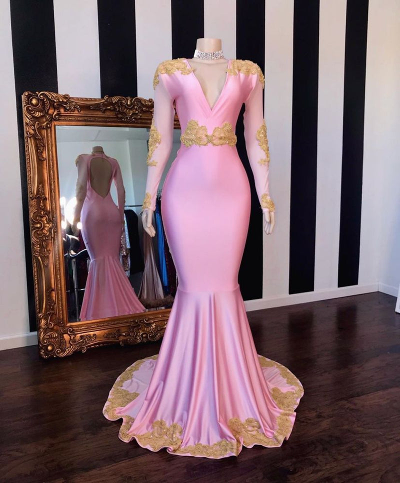 V-neck Long Sleevess Open Back Pink Mermaid Appliques Prom Gowns-showprettydress