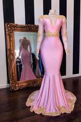 V-neck Long Sleevess Open Back Pink Mermaid Appliques Prom Gowns-showprettydress