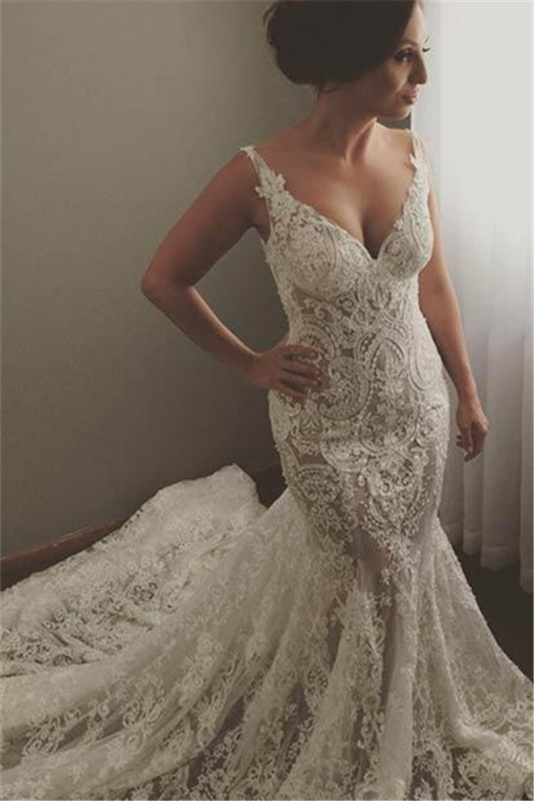 V neck Sleeveless Mermaid Wedding Dresses Modern Lace Appliques Bridal Gown-showprettydress