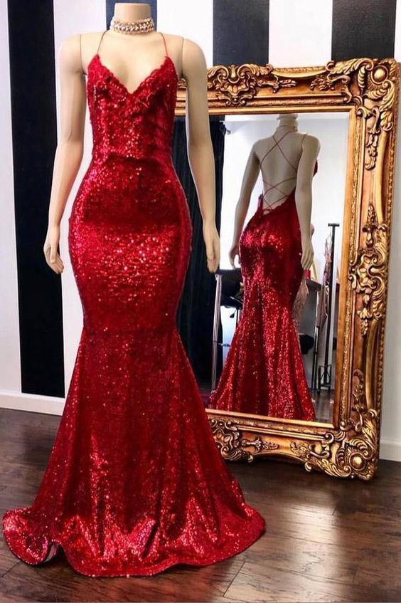 V-neck Sleeveless Spaghetti Sequins Mermaid Long Prom Dresses-showprettydress