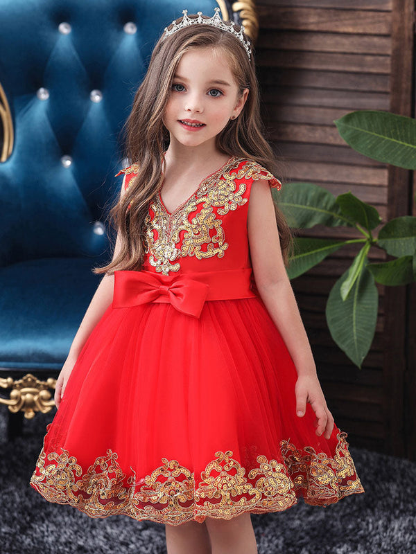 V-Neck Tulle Short Sleeves Short Princess Embroidered Kids Party Dresses-showprettydress