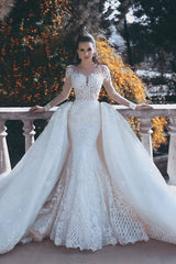 Vintage Mermaid Overskirts Long Lace Wedding Dresses-showprettydress