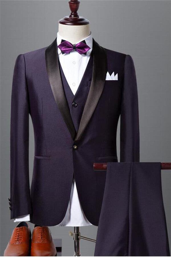 Well-cut Dark Purple Shawl Lapel Black Wedding Tuxedo Bespoke Prom Dress Suit Three-pieces-showprettydress