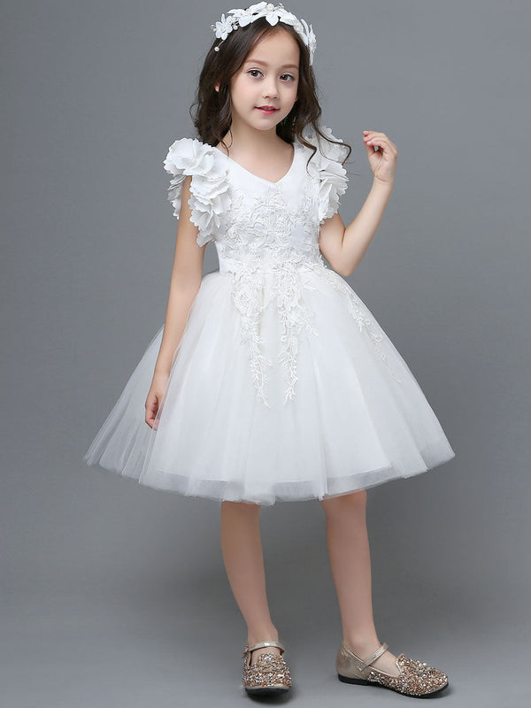 White A-Line Zipper V-Neck Sleeveless Tulle Flowers Kids Party Dresses-showprettydress