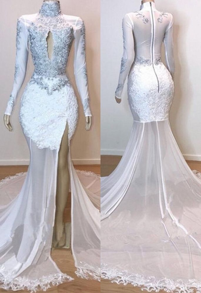 White Gorgeous Lace Long Sleevess Prom Dresses Sheer Tulle Slit Mermaid Evening Gowns-showprettydress