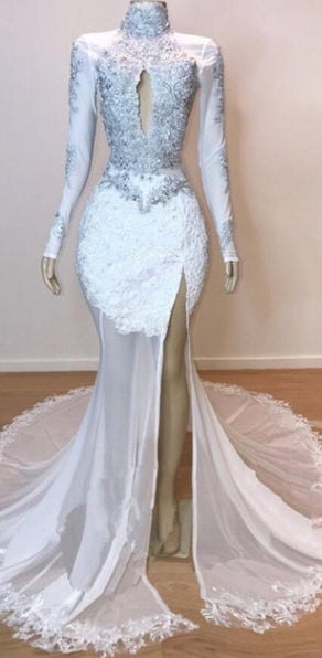 White Gorgeous Lace Long Sleevess Prom Dresses Sheer Tulle Slit Mermaid Evening Gowns-showprettydress