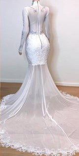 White Gorgeous Lace Long Sleevess Prom Dresses Sheer Tulle Slit Mermaid Evening Gowns-showprettydress