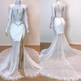 White Gorgeous Lace Long Sleevess Prom Dresses Sheer Tulle Slit Mermaid Evening Gowns-showprettydress