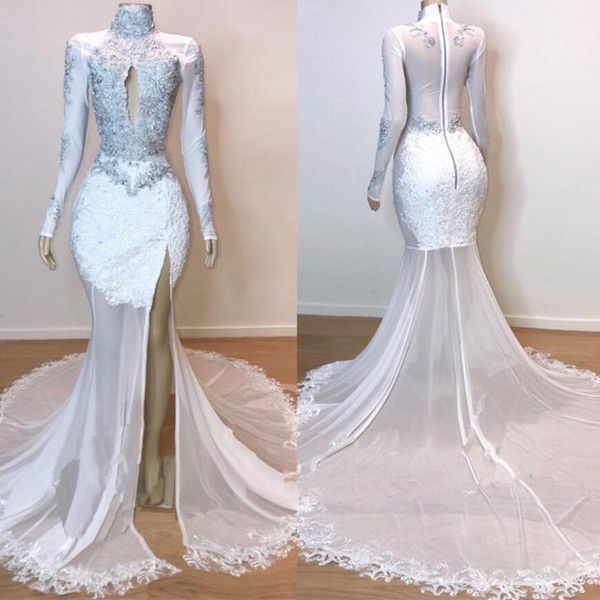 White Gorgeous Lace Long Sleevess Prom Dresses Sheer Tulle Slit Mermaid Evening Gowns-showprettydress