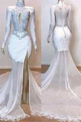 White Gorgeous Lace Long Sleevess Prom Dresses Sheer Tulle Slit Mermaid Evening Gowns-showprettydress