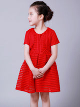 White Jewel Neck Cotton Blend Short Sleeves Tea-Length A-Line Pleated Kids Social Party Dresses-showprettydress