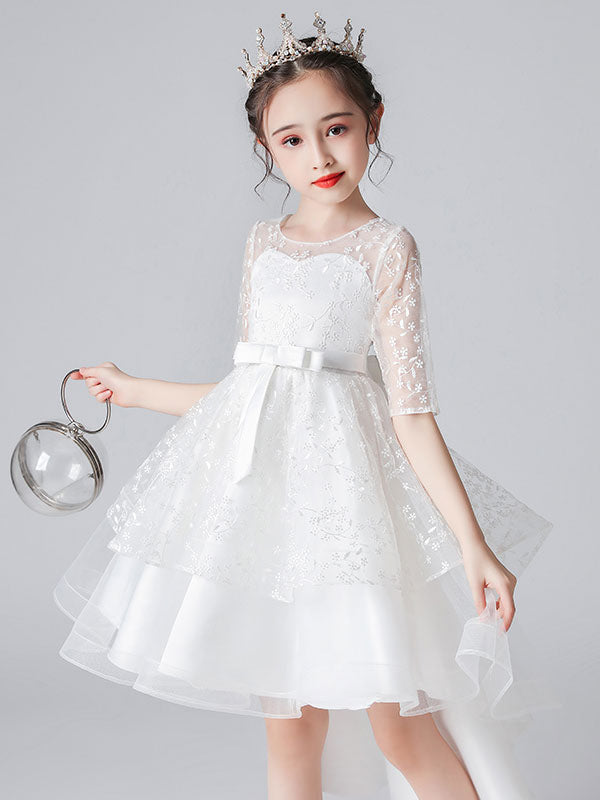 White Jewel Neck Half Sleeves Bows Kids Social Party Dresses-showprettydress