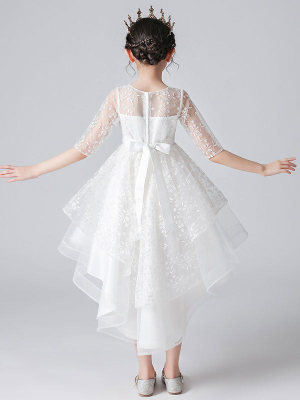 White Jewel Neck Half Sleeves Bows Kids Social Party Dresses-showprettydress