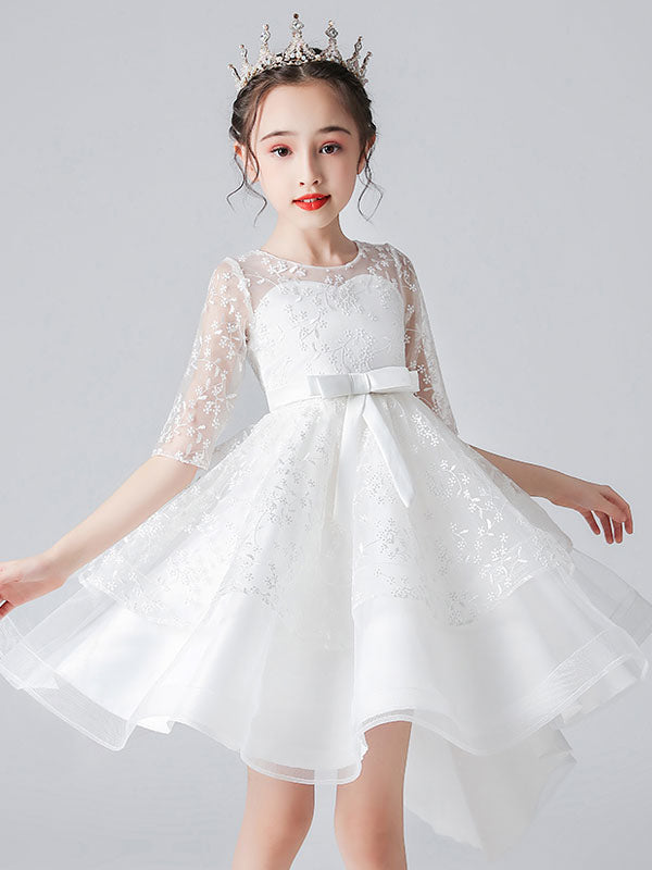 White Jewel Neck Half Sleeves Bows Kids Social Party Dresses-showprettydress