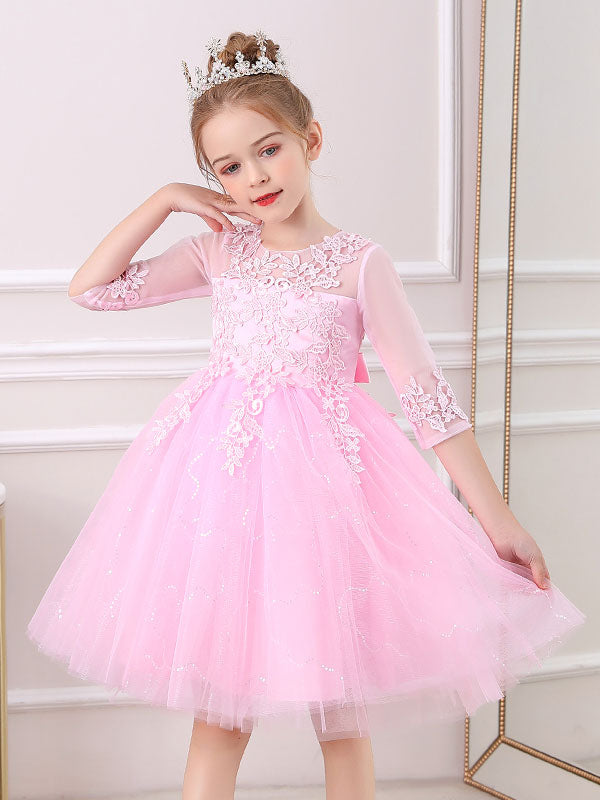 White Jewel Neck Lace Half Sleeves Silhouette Bows Short Princess Dress Kids Social Party Dresses-showprettydress