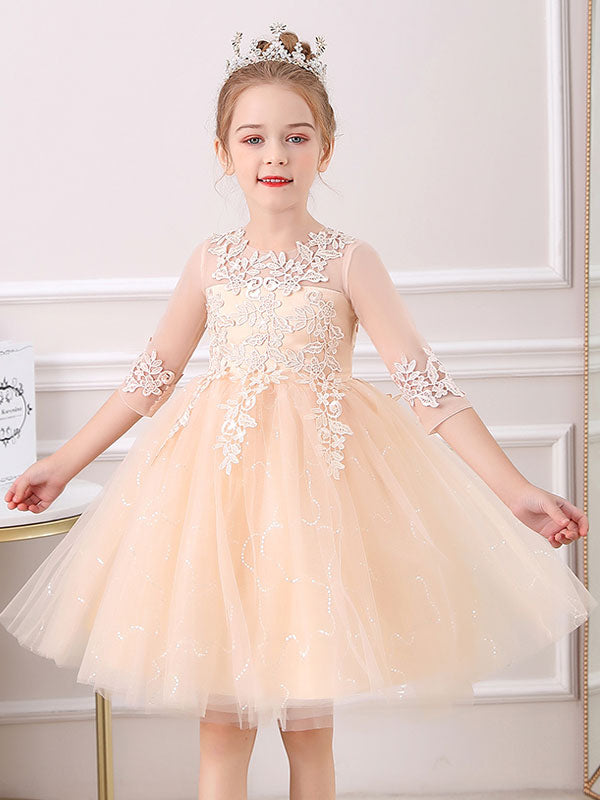 White Jewel Neck Lace Half Sleeves Silhouette Bows Short Princess Dress Kids Social Party Dresses-showprettydress