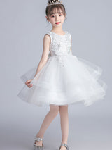 White Jewel Neck Short Sleeves Embroidered Kids Party Dresses-showprettydress