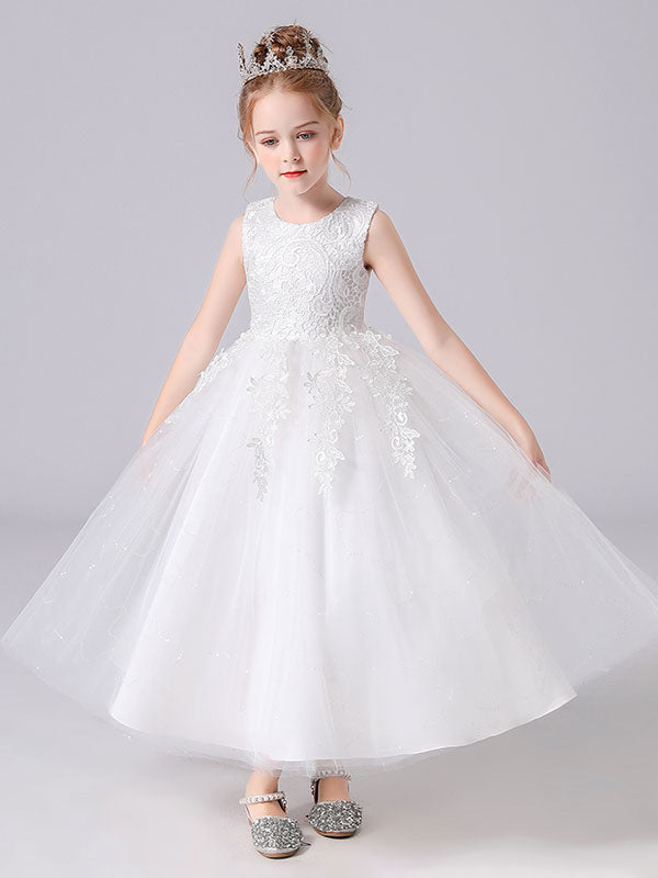 White Jewel Neck Sleeveless Bows Kids Party Dresses Princess Dress-showprettydress