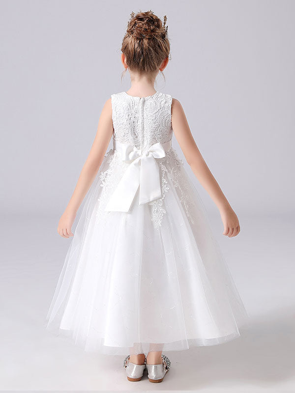 White Jewel Neck Sleeveless Bows Kids Party Dresses Princess Dress-showprettydress