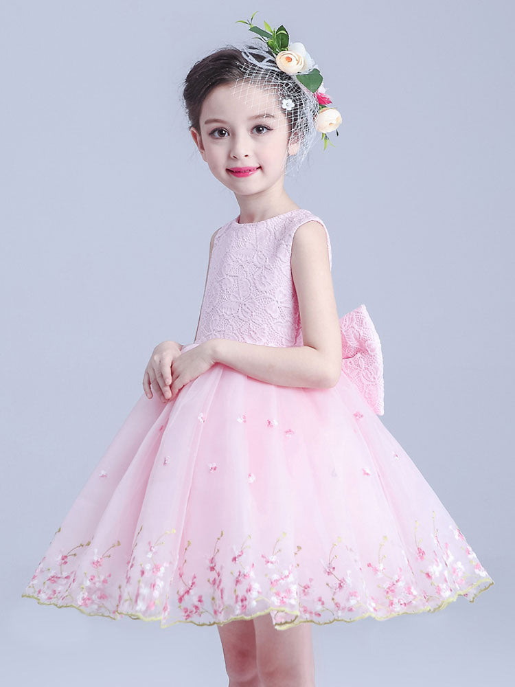 White Jewel Neck Sleeveless Bows Kids Social Party Dresses-showprettydress