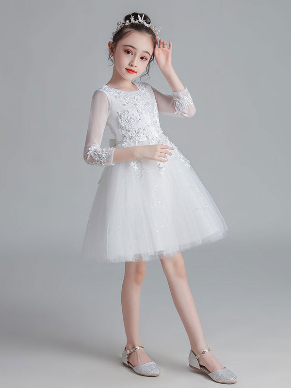 White Jewel Neck Sleeves Tulle Polyester Cotton Lace Embroidered Kids Party Dresses-showprettydress