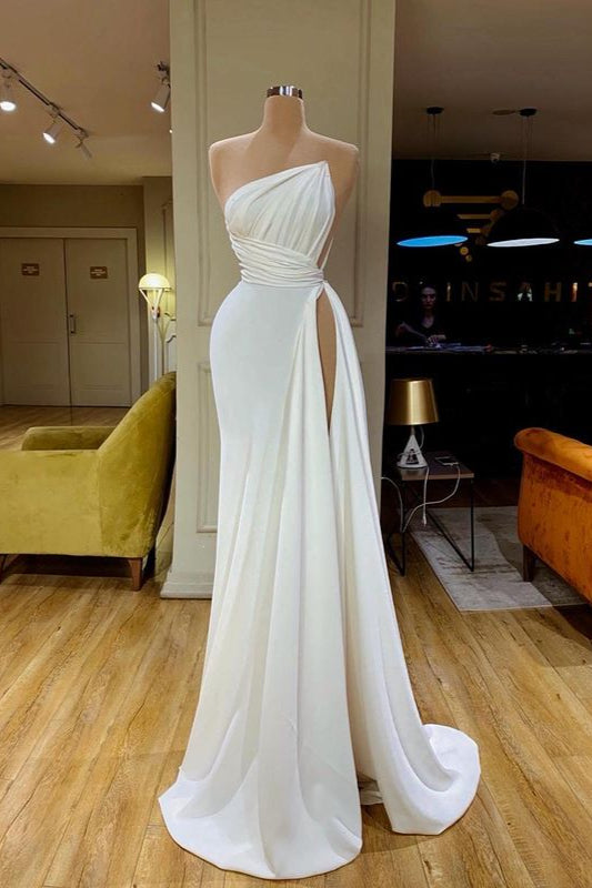 White Long Mermaid Strapless High-split Pleated Prom Dress-showprettydress