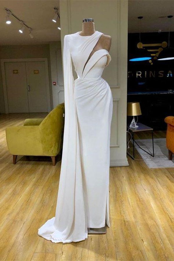 White One Shoulder Mermaid Prom Dress High Neck Evening Gown-showprettydress