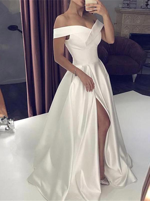 White Silky Off the shoulder High split Princess Wedding Dress-showprettydress