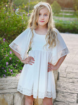 White Square Neck Polyester Short Sleeves Short A-Line Kids Social Party Dresses-showprettydress