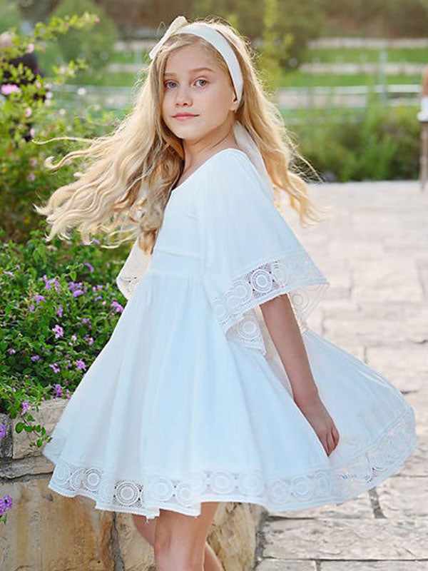 White Square Neck Polyester Short Sleeves Short A-Line Kids Social Party Dresses-showprettydress