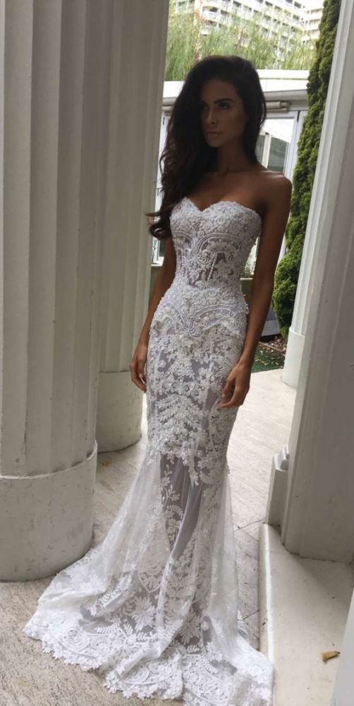 White Sweetheart Neck Sheer Lace Appliques Mermaid Wedding Dresses-showprettydress