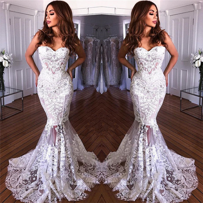 White Sweetheart Neck Sheer Lace Appliques Mermaid Wedding Dresses ...