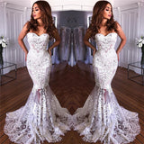 White Sweetheart Neck Sheer Lace Appliques Mermaid Wedding Dresses-showprettydress