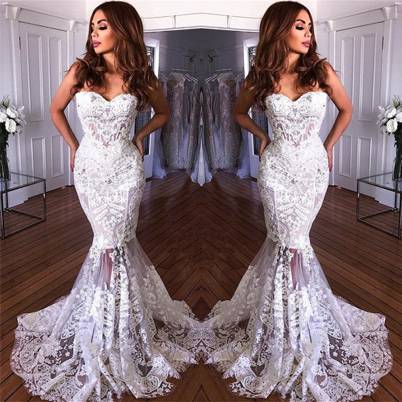 White Sweetheart Neck Sheer Lace Appliques Mermaid Wedding Dresses-showprettydress