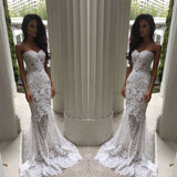 White Sweetheart Neck Sheer Lace Appliques Mermaid Wedding Dresses-showprettydress