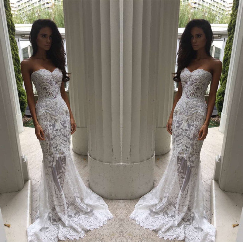 White Sweetheart Neck Sheer Lace Appliques Mermaid Wedding Dresses-showprettydress