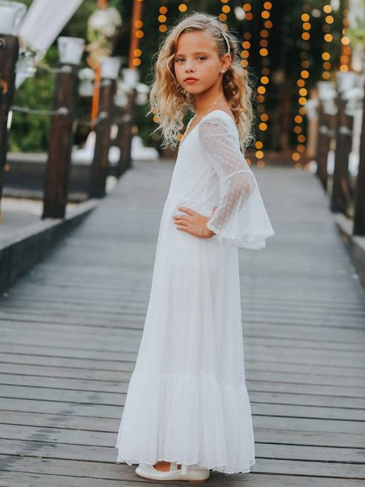 White V-Neck Lace Long Sleeves Floor-Length A-Line Lace Kids Social Party Dresses-showprettydress