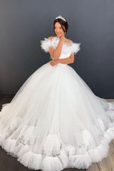 White/Ivory Off the Shoulder Puffy Tulle Lace Ball Gown Princess Bridal Gown-showprettydress