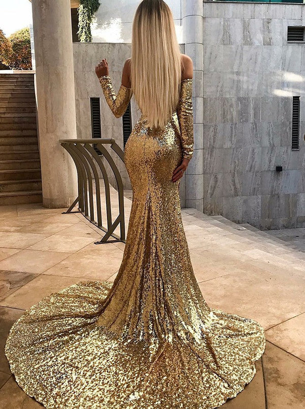 Wholesale Off-the-Shoulder Champagne Sequins Prom Dresses Elegant Long Sleeves Side Slit Evening Gowns-showprettydress