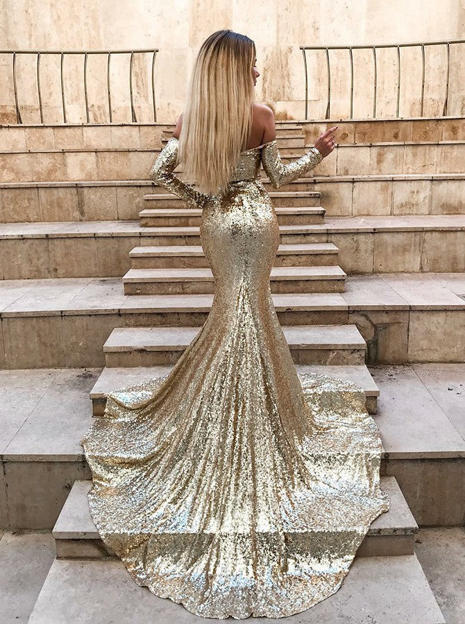 Wholesale Off-the-Shoulder Champagne Sequins Prom Dresses Elegant Long Sleeves Side Slit Evening Gowns-showprettydress