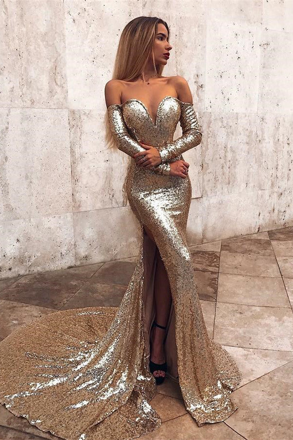 Wholesale Off-the-Shoulder Champagne Sequins Prom Dresses Elegant Long Sleeves Side Slit Evening Gowns-showprettydress